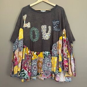 {Oli & Hali} Oversized LOVE Patchwork Ruffle Hem Top in Mineral Wash